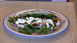 SmokingPit.com - Grilled Chicken Gyros with an authentic Greek Tzatziki sauce. Grilled over a Mesquite wood fire on the Scottsdale Santa Maria style cooker. The money shot.
