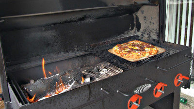 SmokingPit.com - BBQ Chicken & Bacon Pizza recipe wood fire cooked on my Scottsdale Santa Maria style cooker. Coming off the cooker.